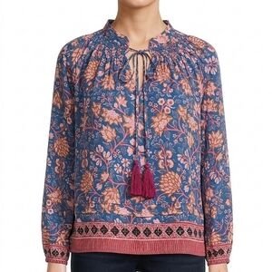 Nat By Natalie‎ Martin Blue Floral Tassel Tie Boho Peasant Blouse Size XS
